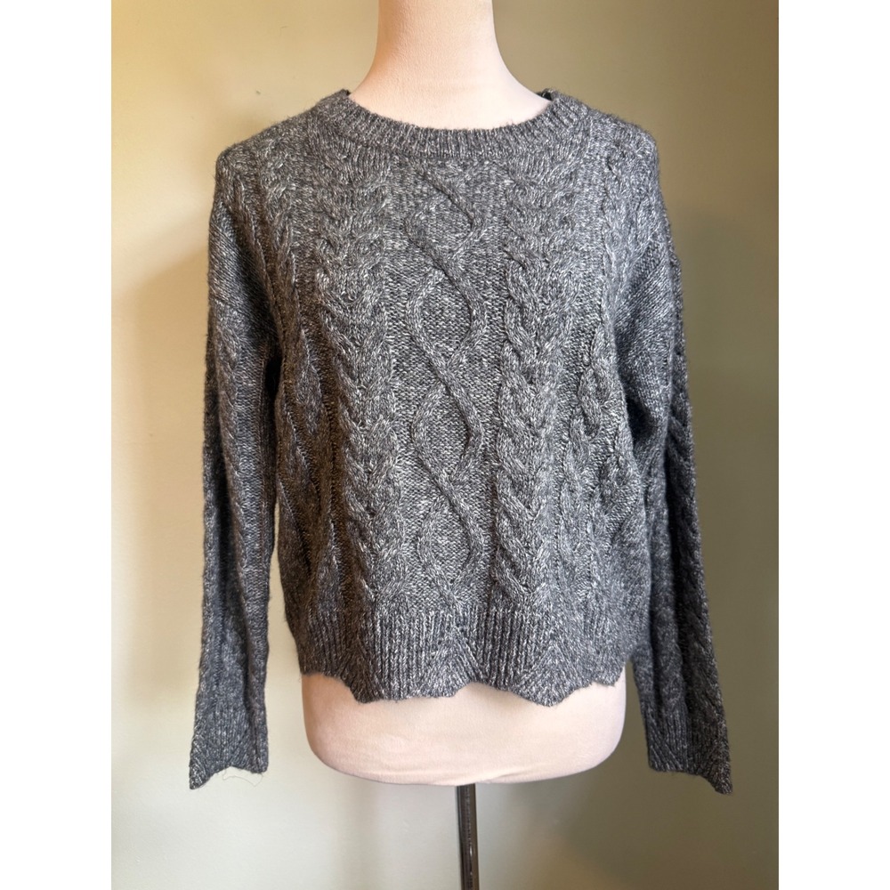 Lucky Brand XS Gray Cable Knit Scalloped Crew Neck Sweater Wool boho whimsi cozy